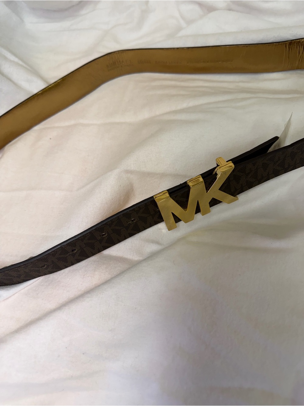 Michael Kors Brown Logo Belt with Gold MK Buckle Accent